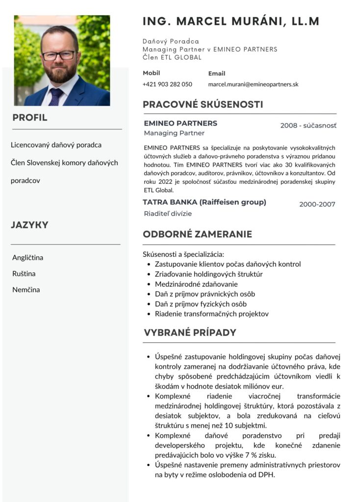 Životopis daňového poradcu Marcela Murániho